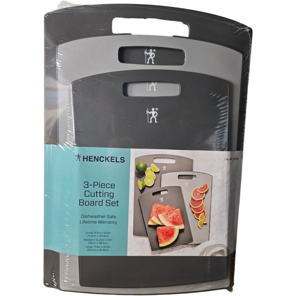 HENCKELS 3-Piece Plastic Cutting Board Set Gray Large Medium Small NEW SEALED